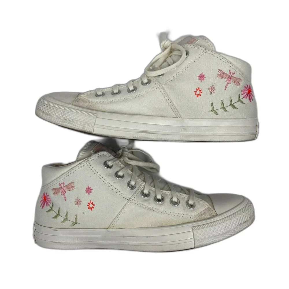 Floral Converse All Star Mid Top Shoes Woman's Size 10 White Embroidered Shoes - Picture 3 of 12